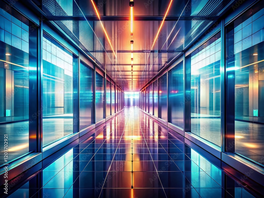 Wall mural Futuristic Corridor: Double Exposure of Sleek Glass Architecture and Glowing Neon Lights