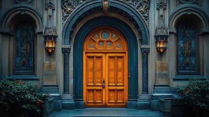 A majestic cathedral door framed by a plain fa&ccedil;ade.