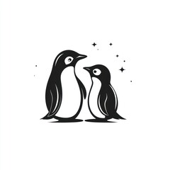 Naklejka premium Two penguins, parent and child, looking up, simple design, possibly for children's book or educational materials