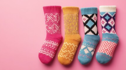 Thick wool socks with argyle patterns on pink background