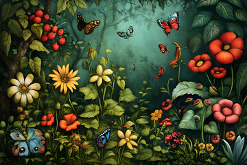 A vibrant garden scene filled with colorful flowers and butterflies in a lush environment.