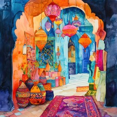 Vibrant Watercolor Painting of a Moroccan Souk with Lanterns, Pottery, and Carpets.