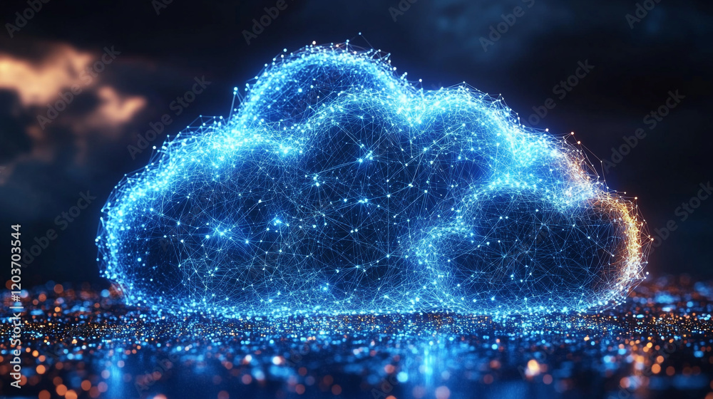 Poster digital cloud formation glowing with interconnected data nodes in a futuristic setting
