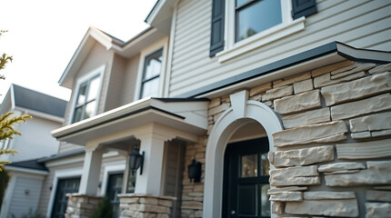 Obraz premium Luxury House Exterior: Modern Home Design and Architecture. High-End Residential Property with Stone Facade and Landscaping
