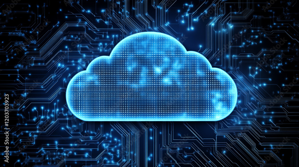 Poster digital cloud representation on a circuit board background in a high-tech environment