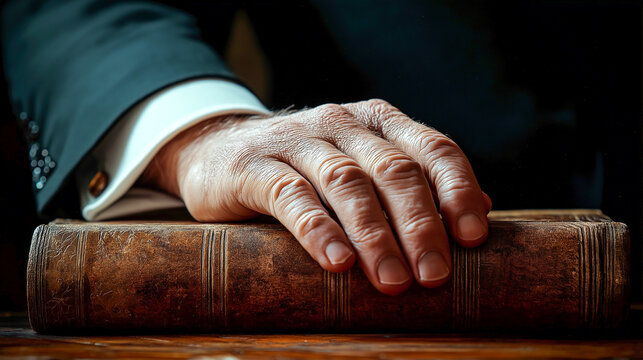 man hand close-up of a lying on a old book