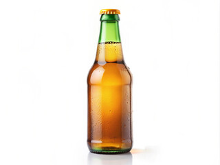 A chilled, transparent bottle of beer with a white cap stands tall beside a full glass of golden, refreshing lager on a blank white background
