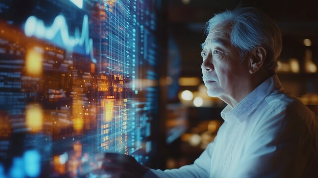 Senior Asian businessman reviewing financial data on futuristic digital display