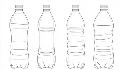 Four plastic bottles with varying water levels and different contour design line art