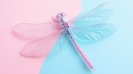 Toy dragonfly with clear wings on pink and blue background
