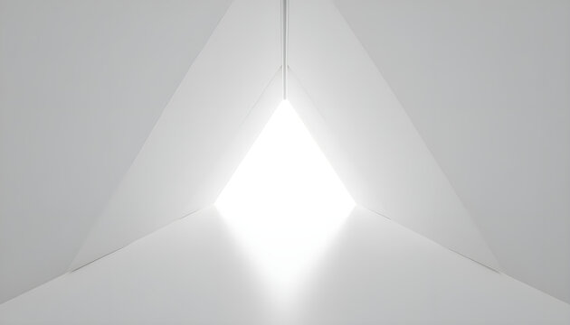 A minimalistic tunnel or corridor with triangular white walls, leading towards a bright light at the end, creating a sense of depth and perspective. The lighting is soft and even, enhancing the clean,