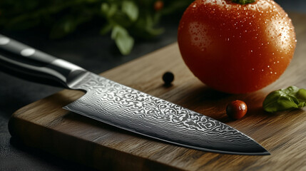 A close-up view of a sharp knife blade with delicate cut marks, resting beside a ripe, fresh tomato on a rustic wooden cutting board. The texture of the blade &the vibrant red of the tomato contrast.