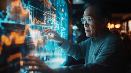 Senior Asian businessman analyzing data on a futuristic digital interface