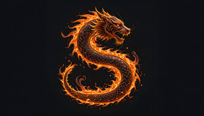 Fototapeta premium Fiery dragon illustration forming the letter S on a dark background, artistic design, copy space 