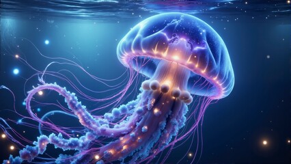 A large purple and blue jellyfish with glowing eyes