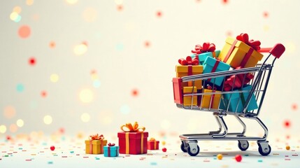 Obraz premium A miniature shopping cart overflowing with vibrant gift boxes, nestled amidst a festive scattering of confetti and bokeh lights, evokes a cheerful atmosphere of celebration and gifting.