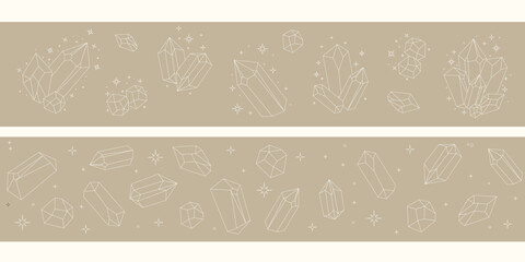 Celestial gemstones seamless border. Crystal thin line set. Simple magical crystal black contour symbol. Witchy.