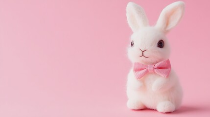 Toy rabbit with bow tie on pink background
