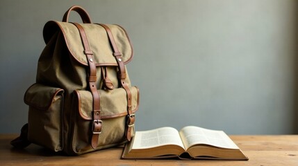 A well-worn canvas backpack rests beside an open book, symbolizing the pursuit of knowledge and adventure.