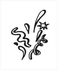 Party event staff doodle artistic, festive elements, confetti sparkles, birthday decorations, simple doodles, gifts, black and white
