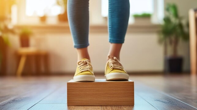 A Person performing step exercise on wooden floor with focus on balance and movement, fitness and agility training concept.	
