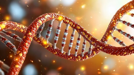 A detailed illustration of the DNA helix, showing the double stranded structure with clearly defined base pairs and sugar phosphate backbones twisting around each other in a spiral pattern.