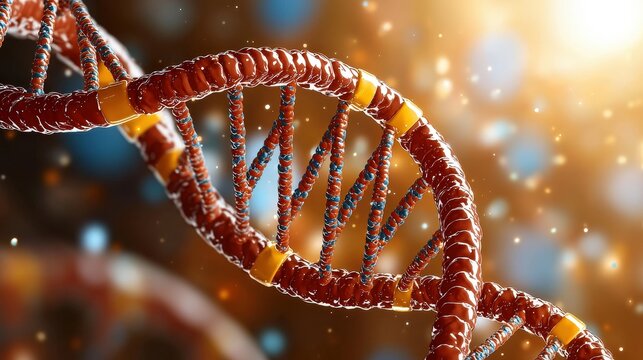 A detailed illustration of the DNA helix, showing the double stranded structure with clearly defined base pairs and sugar phosphate backbones twisting around each other in a spiral pattern.