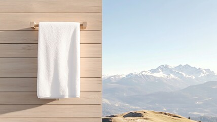 A beautiful outdoor sauna set on a hillside with panoramic views of distant snow-capped mountains