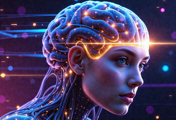 Obraz premium Futuristic Woman with Brain Neural Network and Glowing Connections
