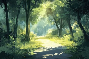 Obraz premium Serene Forest Path with Sunlight Filtering Through Trees, Digital Painting.