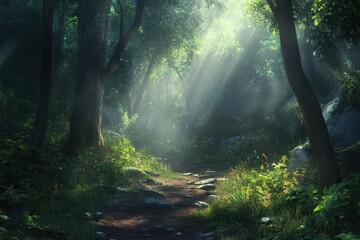 Obraz premium Sunlit Path Through Enchanted Forest Mystical Woodland Scene with Lush Greenery and Radiant Light.