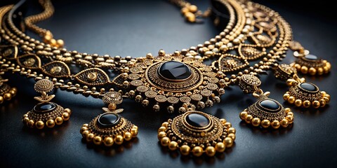 Obraz premium Elegant Black & Gold Jewelry Set on Dark Background - Stock Photo