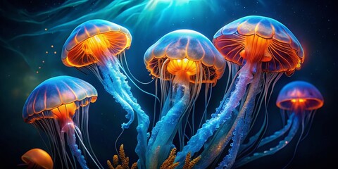 Fototapeta premium Glowing Blue and Orange Jellyfish Underwater Scene - Stock Photo