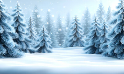 Naklejka premium Serene winter wonderland scene featuring snow-covered pine trees in a tranquil forest, perfect for festive holiday backgrounds or winter themed designs.