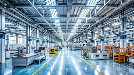 Fototapeta premium Industrial Factory Hall Interior - Spacious Modern Manufacturing Space with Copy Space