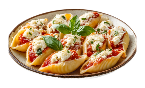 Front view of ricotta stuffed shells isolated on a transparent background