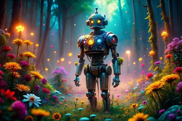 Fototapeta premium Glowing Robot in Surreal Forest: Sci-Fi Fantasy Stock Photo