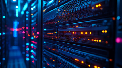 Colorful lights blink from servers in a modern data center at night