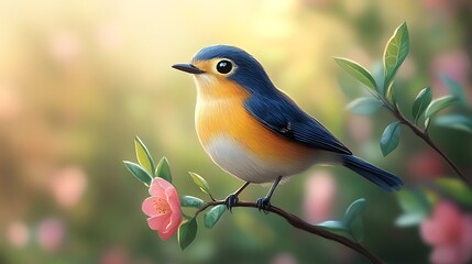 Fototapeta premium Little Bluebird's Serenade: A charming illustration of a bluebird with bright plumage perched on a branch adorned with a delicate pink blossom, bathed in the gentle glow of a sunrise or sunset.