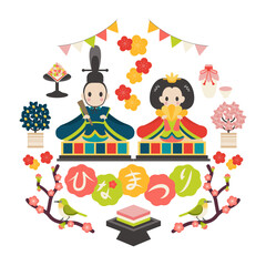 おひなさまとひなまつりの文字　ベクター円型イラスト