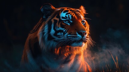 Majestic tiger portrait with vibrant lighting and smoky atmosphere.