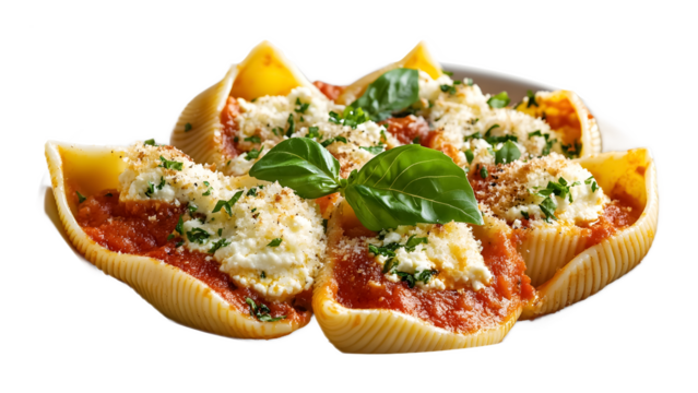 Front view of ricotta stuffed shells isolated on a transparent background