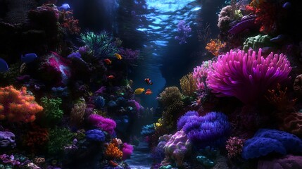 Naklejka premium Vibrant underwater coral reef with colorful fish and diverse marine life creating a stunning seascape