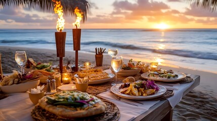 romantic beach sunset dinner, tropical feast - foodie photography: .