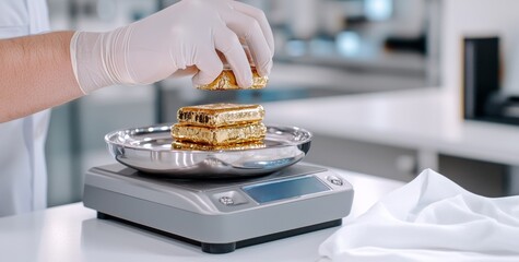 Person in gloves weighing gold bars on digital scale in modern laboratory environment