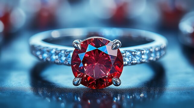 Radiant Ruby Ring: A captivating close-up showcasing a stunning ruby ring, encircled by sparkling diamonds on a silver band.