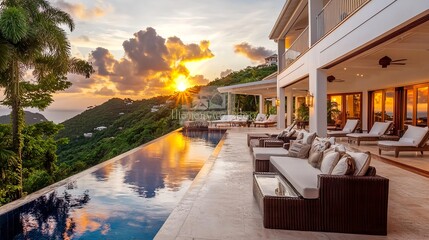 Fototapeta premium luxury villa sunset infinity pool - luxury travel