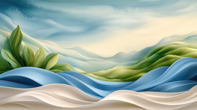 A serene painting depicting a tranquil landscape with fluid strokes of blue and green, evoking a sense of calmness and harmony