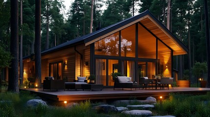 Fototapeta premium modern cabin in forest at dusk - sustainable architecture