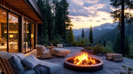 mountain cabin sunset fire pit luxury - cabincore/cozy minimalism: .